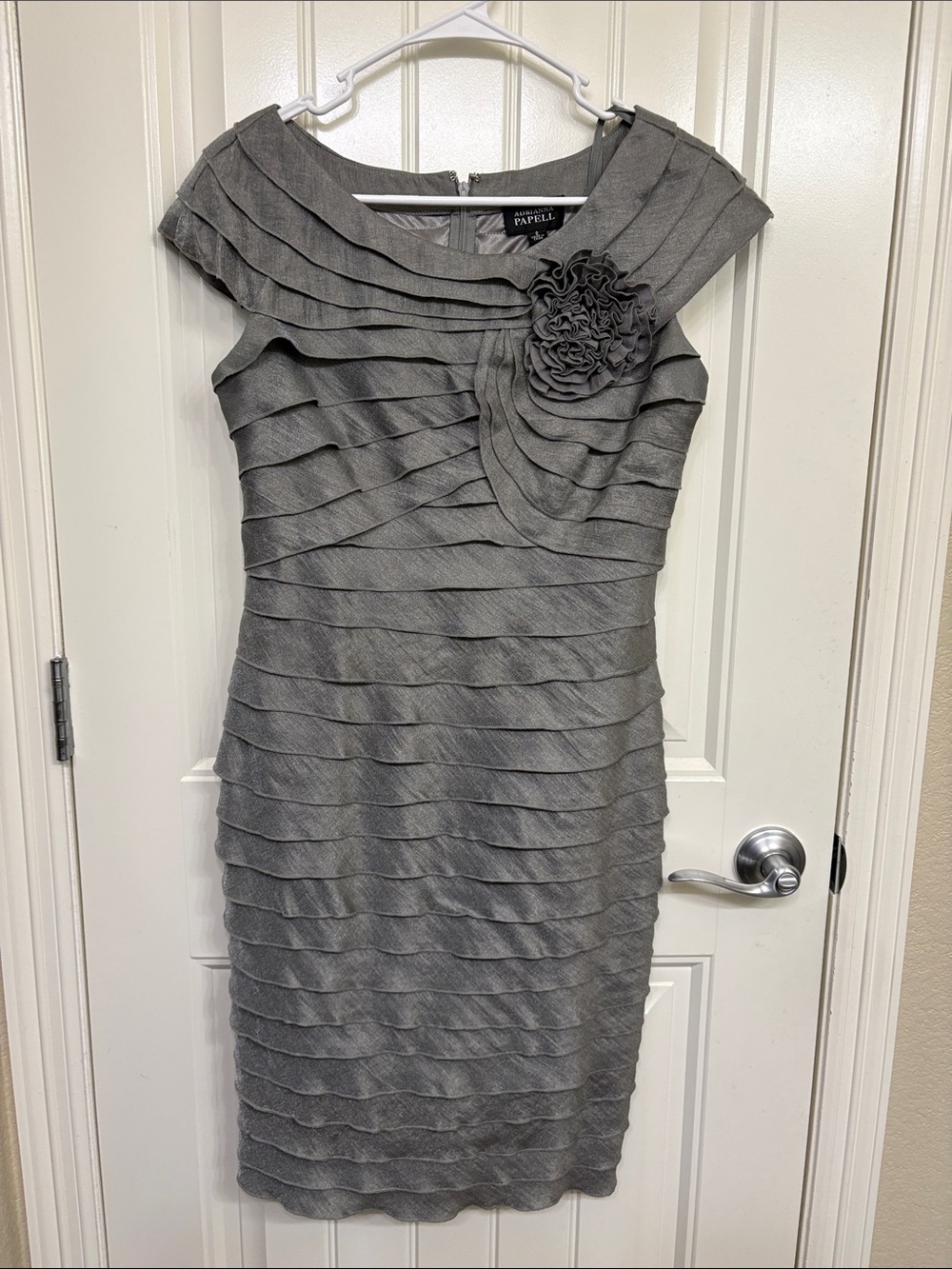 Adrianna Papell Silver Gray Layered Sheath Dress‎ with Floral Applique